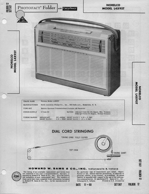 1960 NORELCO L4X95T RADIO Service Manual Photofact Schematic Repair